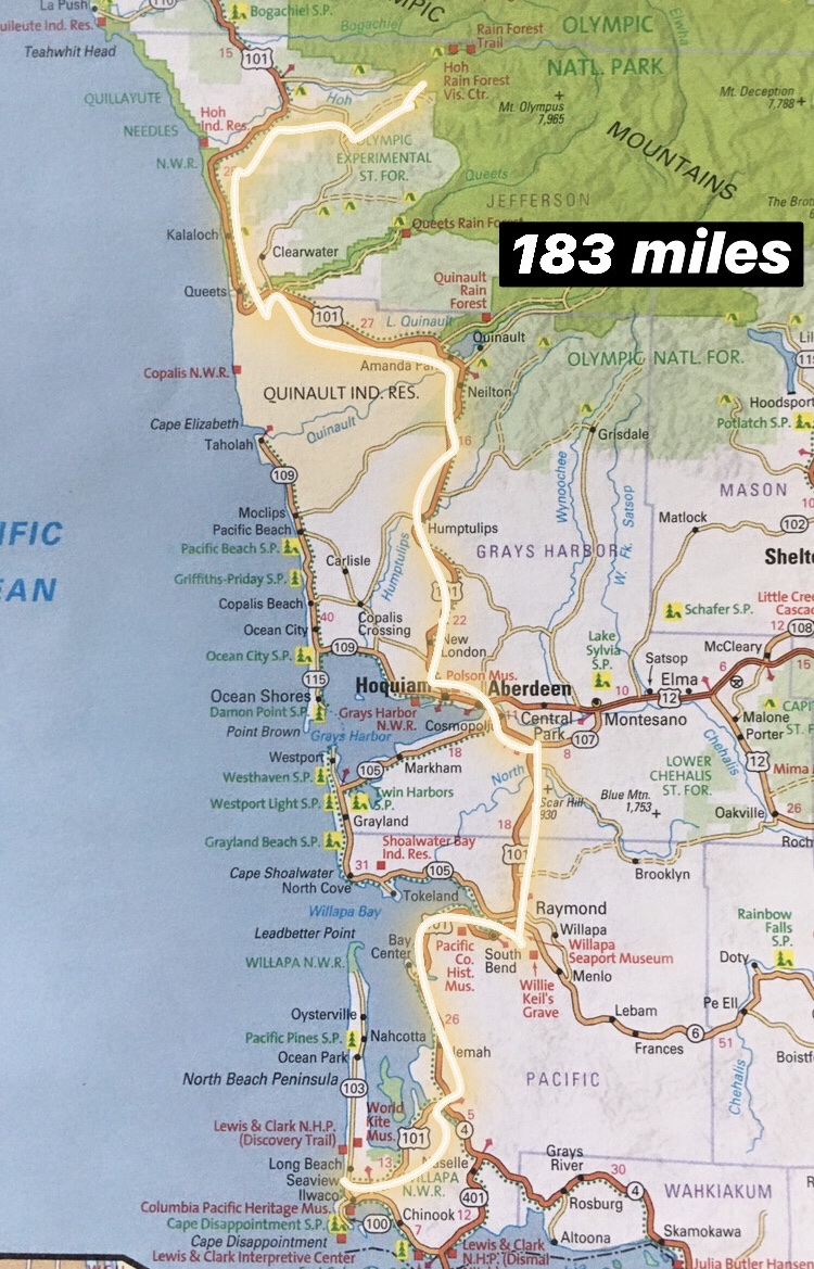 Map detailing the route taken on a drive down the west coast of Washington